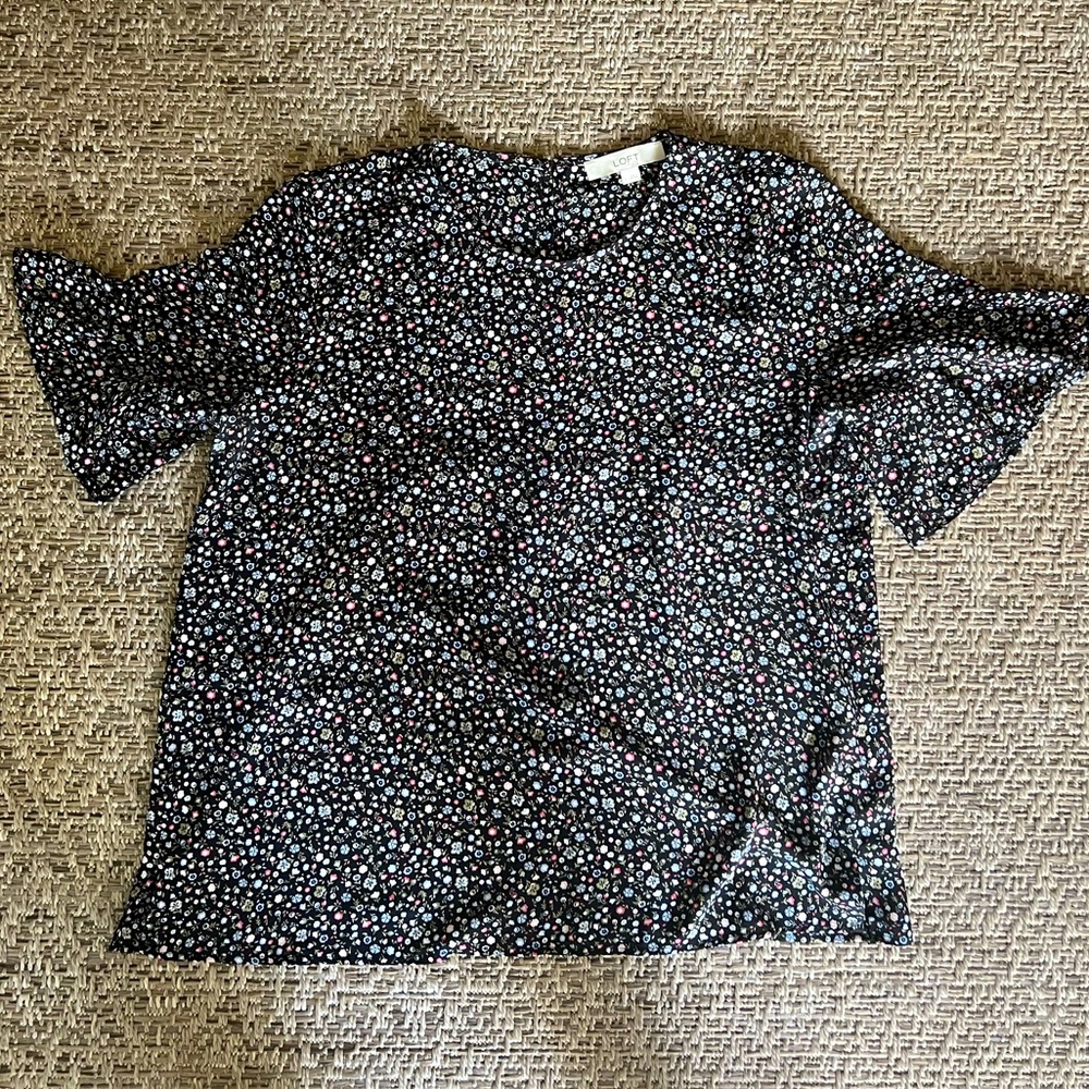 LOFT Ditsy Floral Short Sleeve Blouse - Black with Blue, Pink, Red, Green Accent